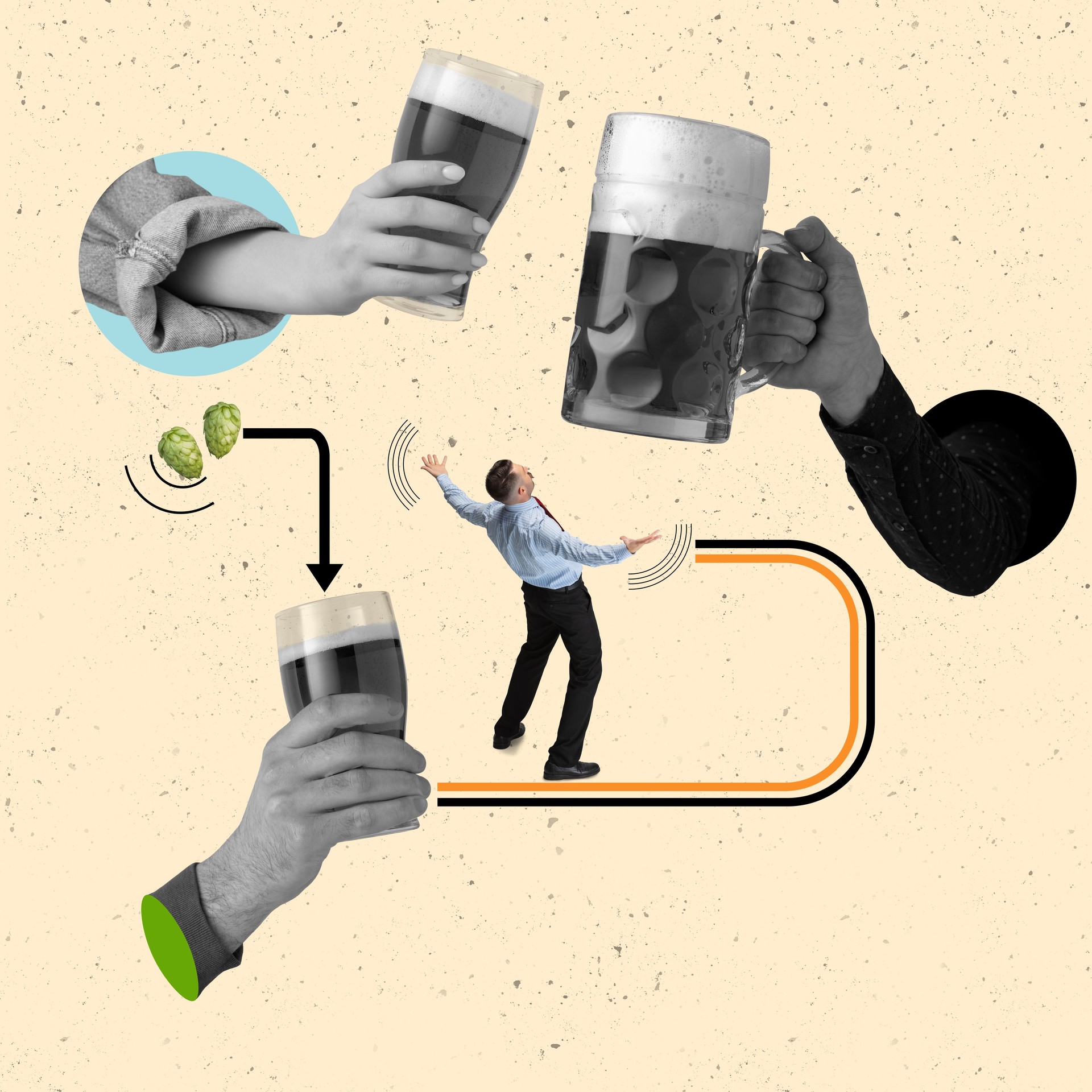 Contemporary art collage of beer life cycle. Composition of beer creation and drinking